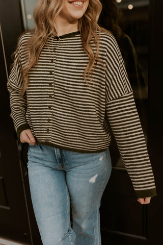 Not The Usual Striped Cardigan- Olive