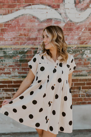 Polka Dot Button Down Pleated Poplin Mini Dress