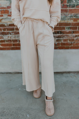 Cream Brushed Knit Wide Leg Pants