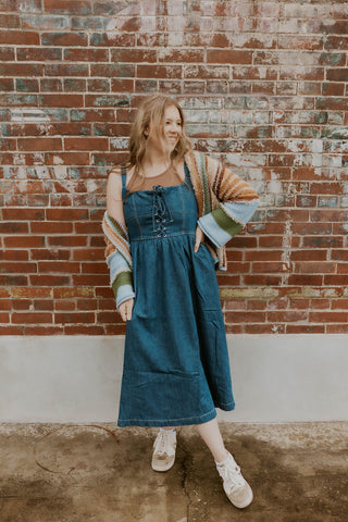 Lace Up Denim Midi Dress
