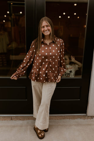 Spotted In Satin Top- Brown