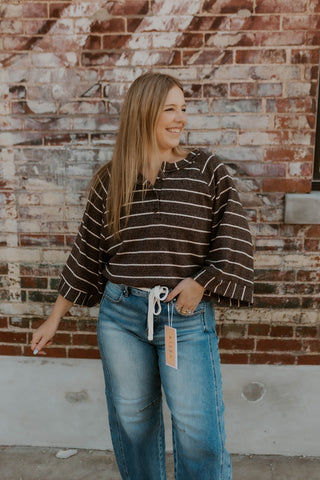 Here For It Henley Top- Dark Brown