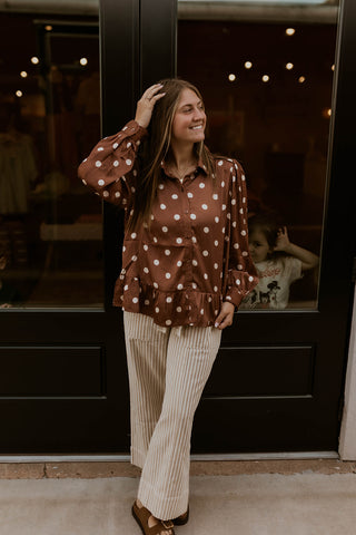 Spotted In Satin Top- Brown