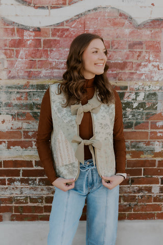 Bow Front Patchwork Vest- Sage