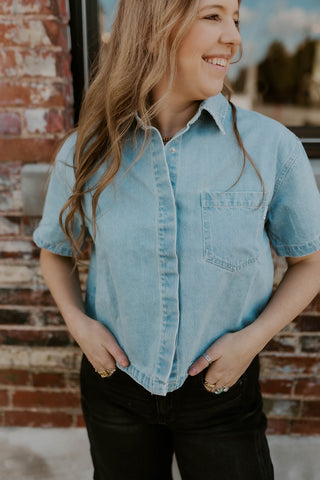 Oversized Button Up Linen Top- Light Wash