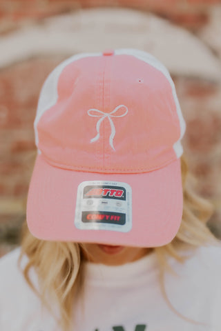 Doorbuster Embroidered Bow Hat- Pink/White