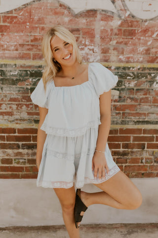 Square Neck Lace Detail Romper- Baby Blue