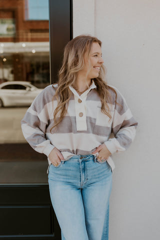 Brushed Knit Collared Striped Top