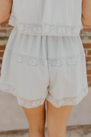 Square Neck Lace Detail Romper- Baby Blue