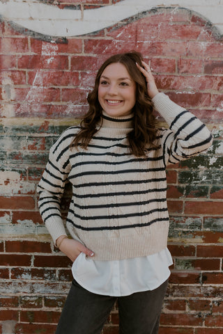 Mix Media High Neck Striped Sweater