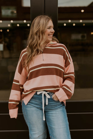 Cabin Stripe Quarter Zip Sweater- Blush