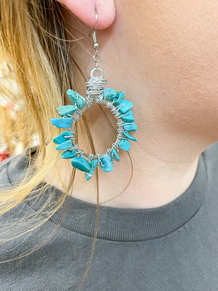 Turquoise Round Hoop Earrings- Silver