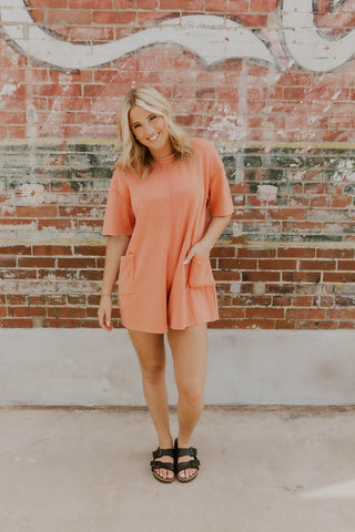 Mineral Washed Soft Knit Romper- Salmon