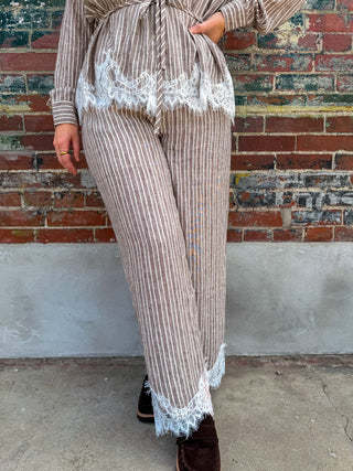 Petal & Pinstripe Wide Leg Pants- Mocha