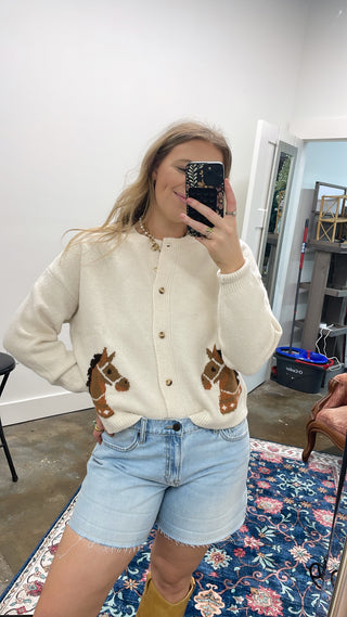 Horse Jacquard Button Down Sweater