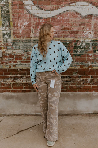 Perfectly Polka Button Up Sweater- Light Blue