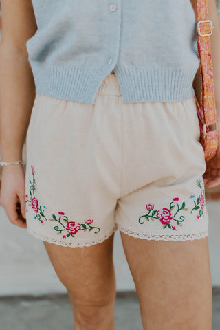 Adding Flowers Embroidered Linen Shorts
