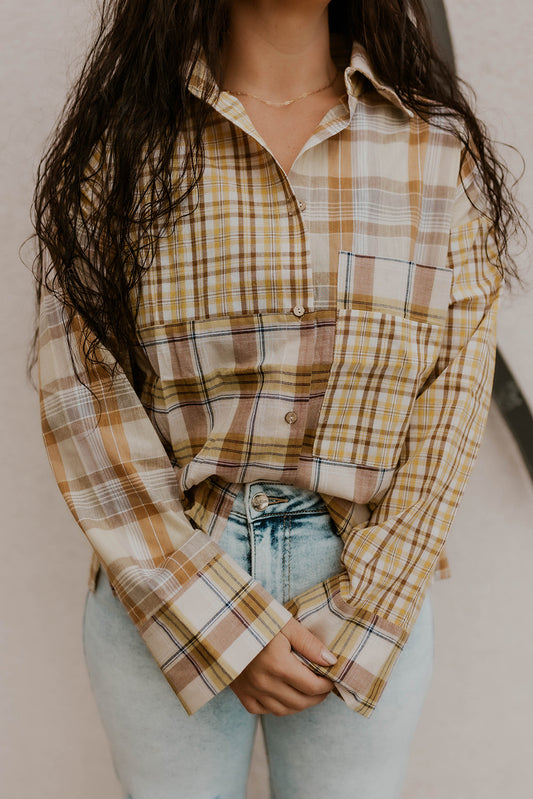 Patched Plaid Button Down- Mustard