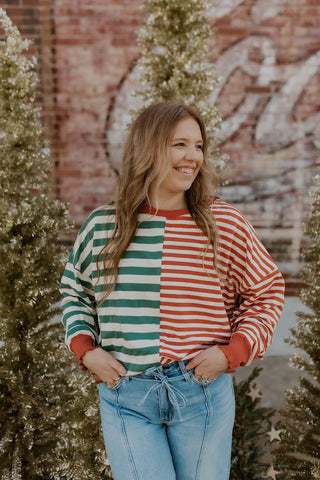 Merry In Stripes Lettuce Hem Sweatshirt