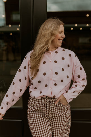 Perfectly Polka Button Up Sweater- Light Pink