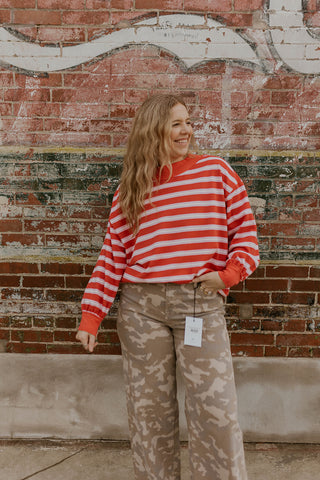 Stripe Right Mock Neck Sweatshirt- Red