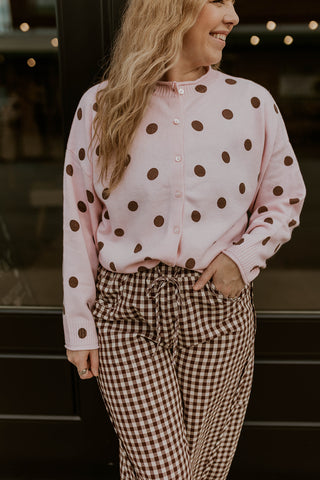 Perfectly Polka Button Up Sweater- Light Pink
