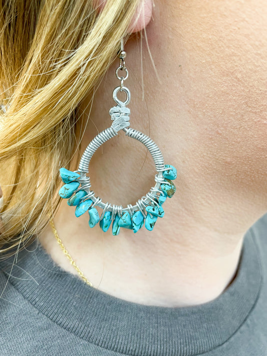 Turquoise Wrapped Hoop Earrings- Silver