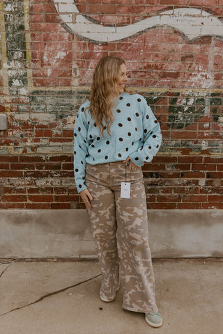 Perfectly Polka Button Up Sweater- Light Blue