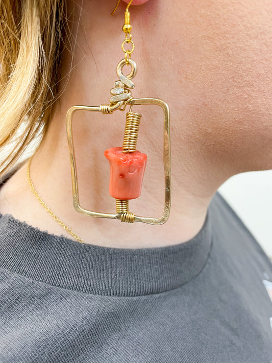 Bamboo Coral Rectangle Earrings- Gold