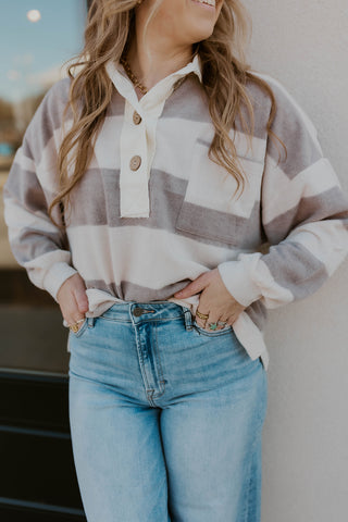 Brushed Knit Collared Striped Top