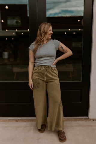 Garden Stitch Wide Leg Pants- Olive