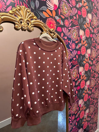 Polka Pop Mock Neck Pullover- Mocha