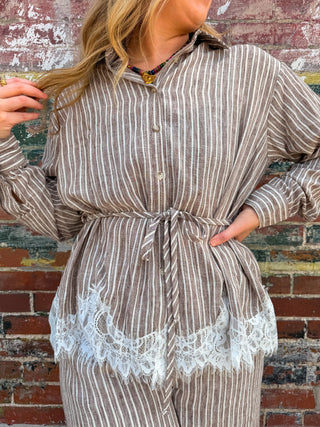 Petal & Pinstripe Tie Waist Top- Mocha
