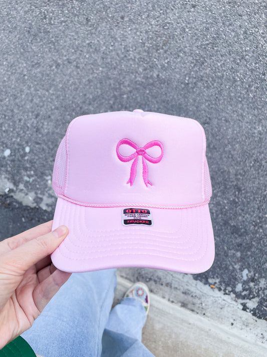 Pink Embroidered Bow Trucker Hat