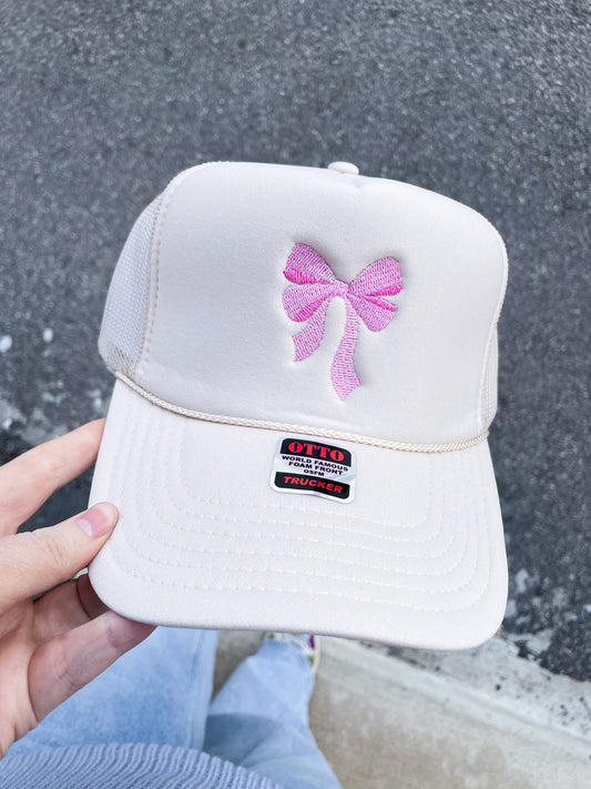 Neutral Girly Embroidered Bow Trucker Hat