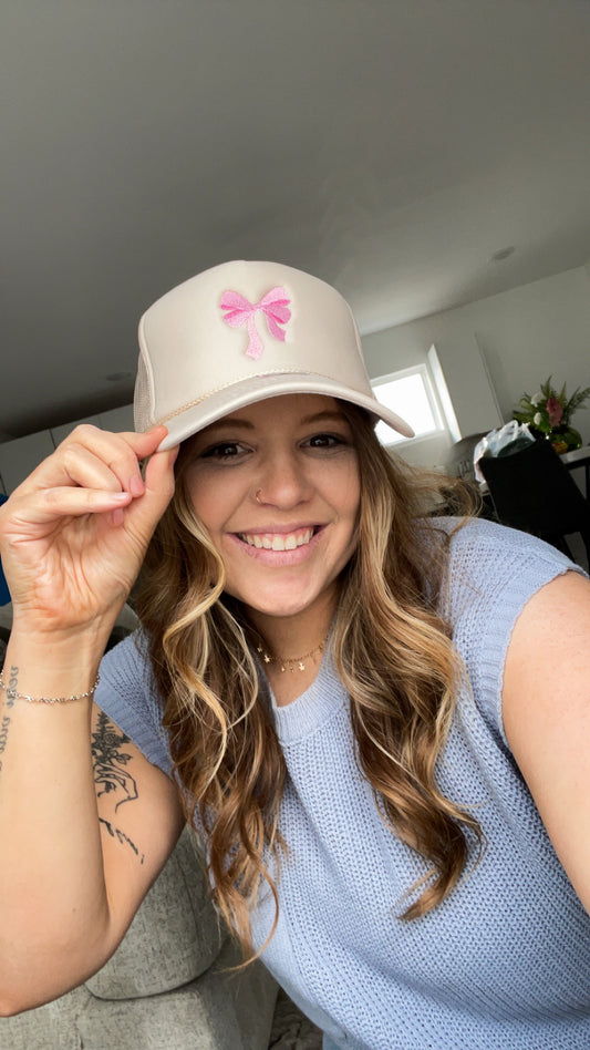 Neutral Girly Embroidered Bow Trucker Hat