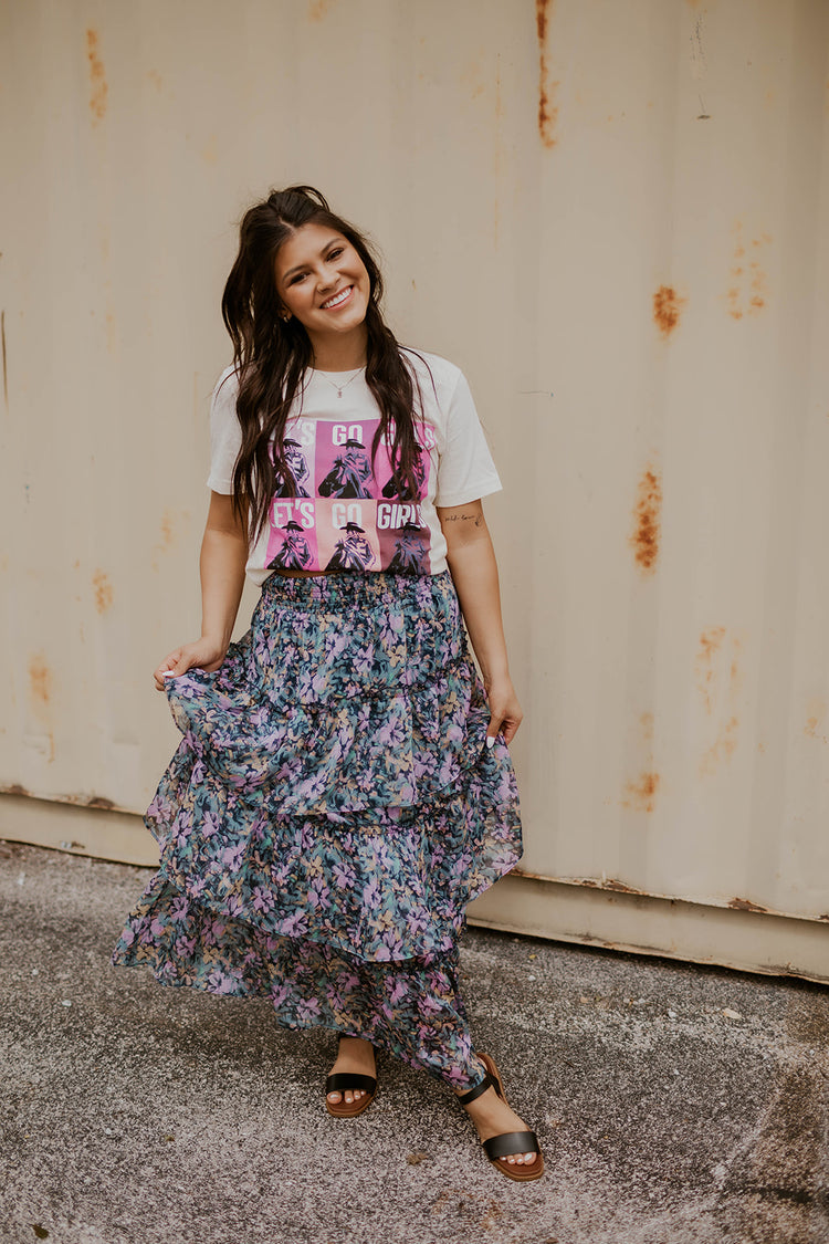 Navy Floral Tiered Midi Skirt