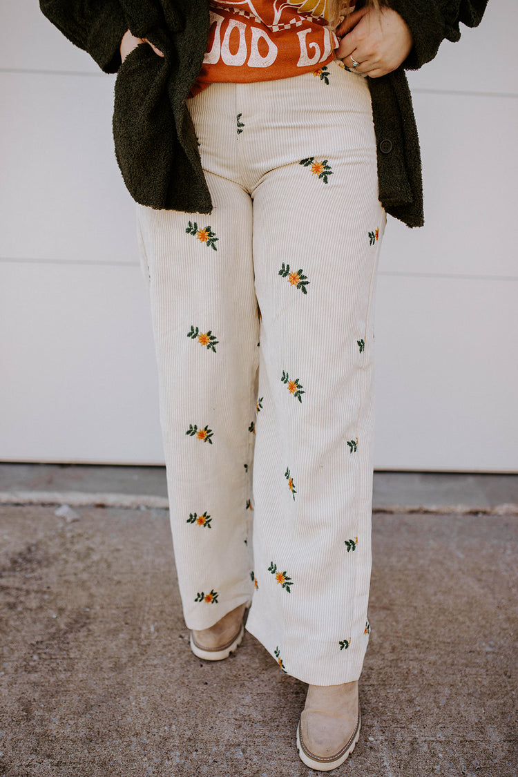Embroidered Corded Wide Leg Pants